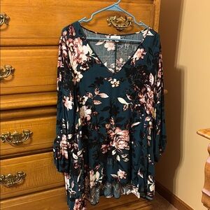 Avenue Floral V-Neck Blouse in Teal and Pink